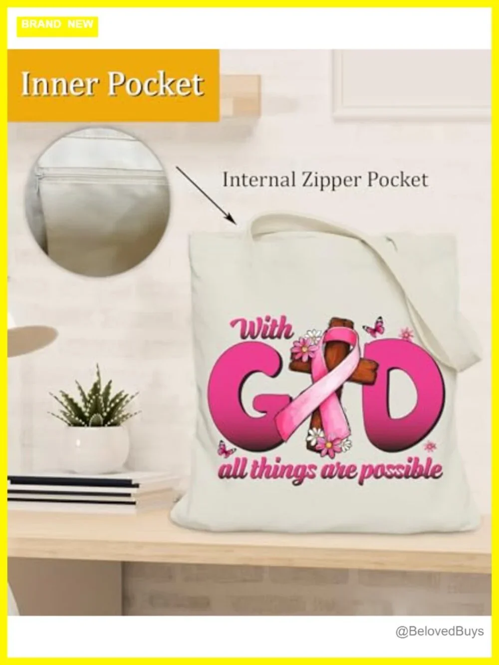 Canvas Tote Bag with Inner Pocket for Church Bible Study Medium